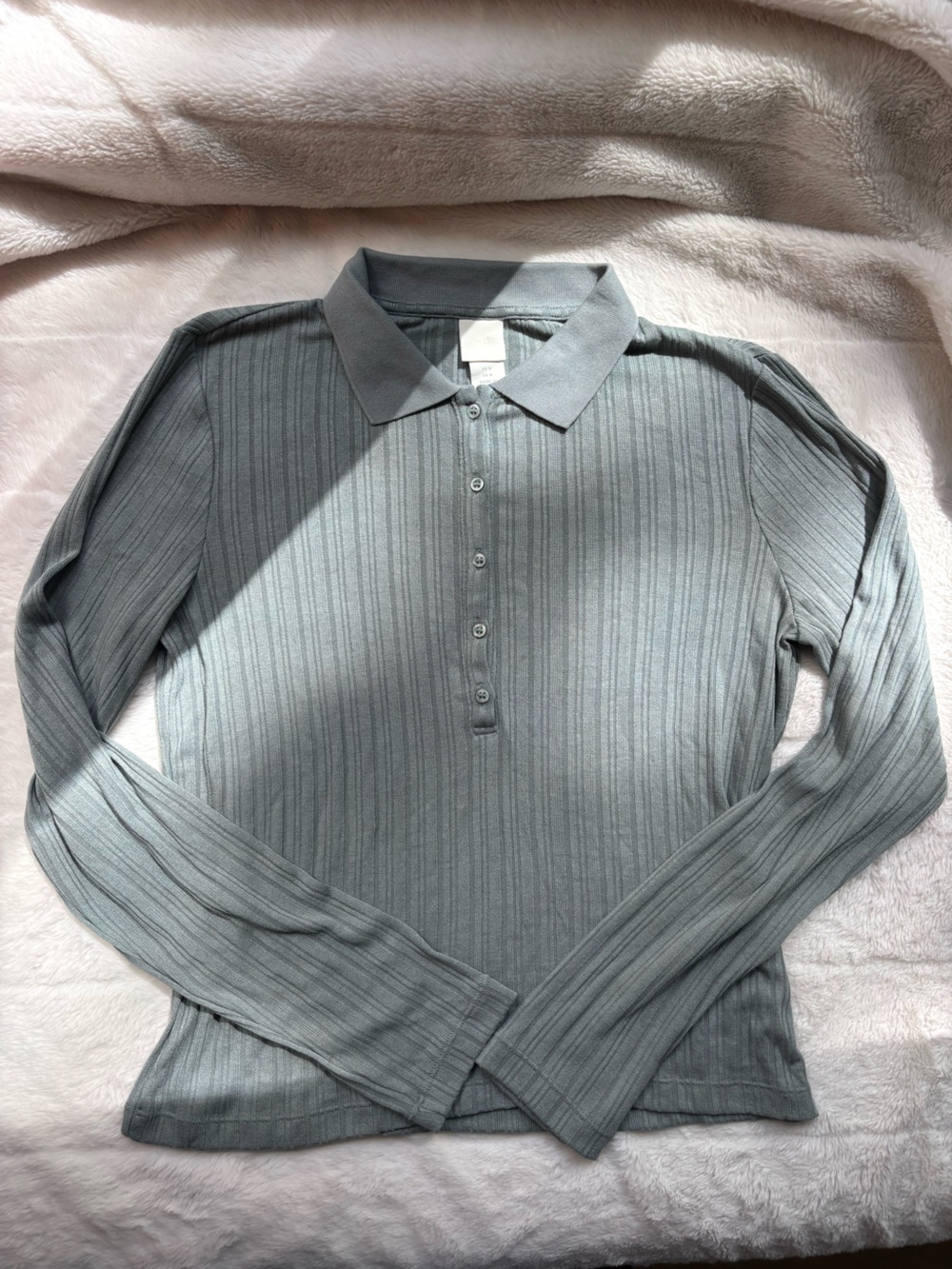 H&M Long Sleeve Ribbed Polo Top in Sage Green